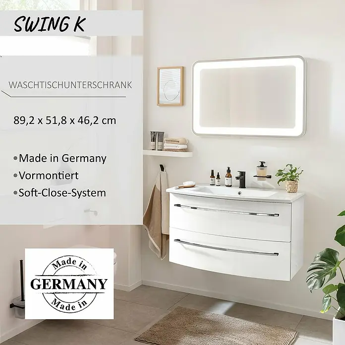 Camargue Swing K Waschtischunterschrank - B x T x H: 89,2 x 46,2 x 51,8 cm, Weiß, Farbe Griff: Chrom - Weißer wandhängender Waschtisch mit zwei Schubladen, integriertem Waschbecken und beleuchtetem Spiegel.