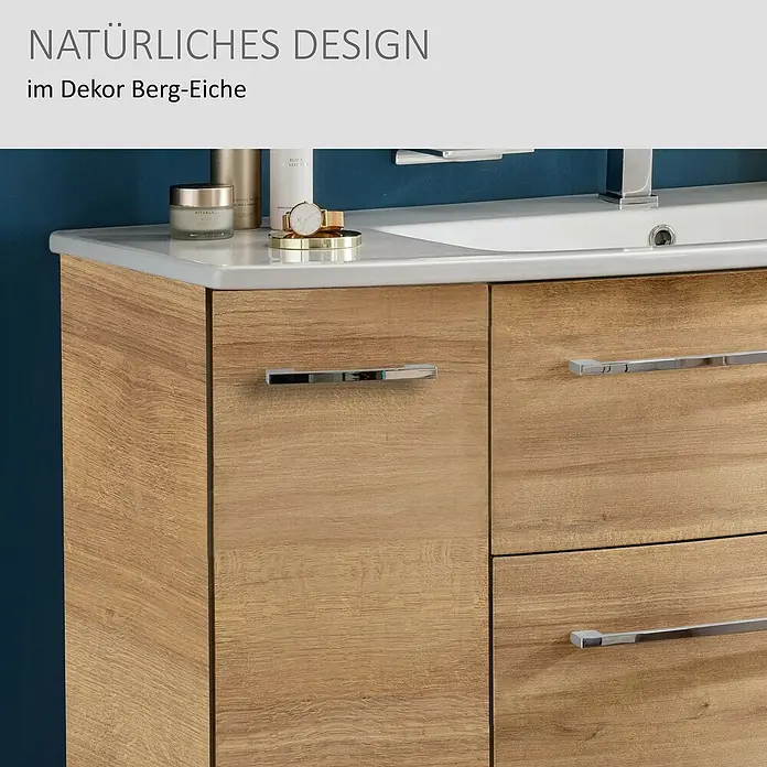 Camargue Swing K Waschtischunterschrank - B x T x H: 119 x 45,9 x 51,8 cm, Berg Eiche, Farbe Griff: Chrom - Badezimmermöbel mit Waschbecken in heller Berg-Eiche-Optik, mit Chromgriffen.