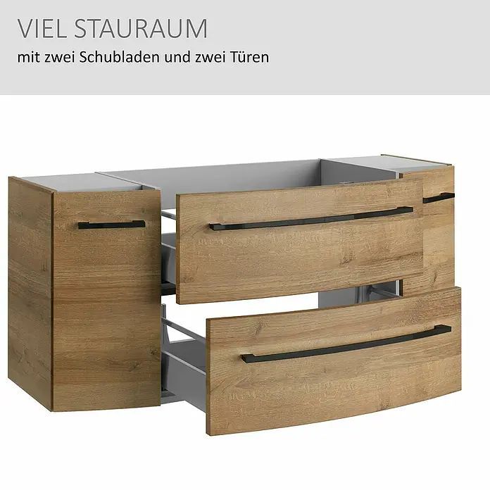 Camargue Swing K Waschtischunterschrank - 119 x 46 x 52 cm, Berg Eiche - Heller Holz-Aufbewahrungsschrank mit zwei offenen Schubladen und zwei offenen Türen, mit schwarzen Griffen und grauem Innenraum.