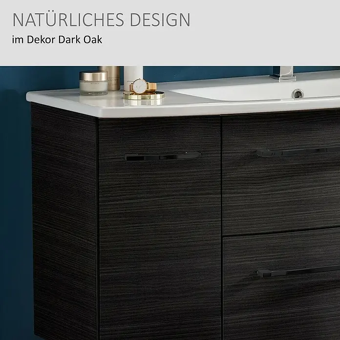 Camargue Swing K Waschtischunterschrank - 119 x 46 x 52 cm, Dark Oak - Dunkler Waschtischunterschrank in Eichendekor mit weißem Waschbecken und Arbeitsplatte.