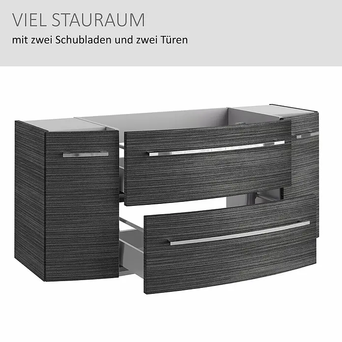 Camargue Swing K Waschtischunterschrank - B x T x H: 119 x 45,9 x 51,8 cm, Dark Oak, Farbe Griff: Chrom - Dunkelgrauer Unterschrank mit Holzmaserung, zwei offenen Schubladen und einer offenen Tür, mit silbernen Griffen für viel Stauraum.