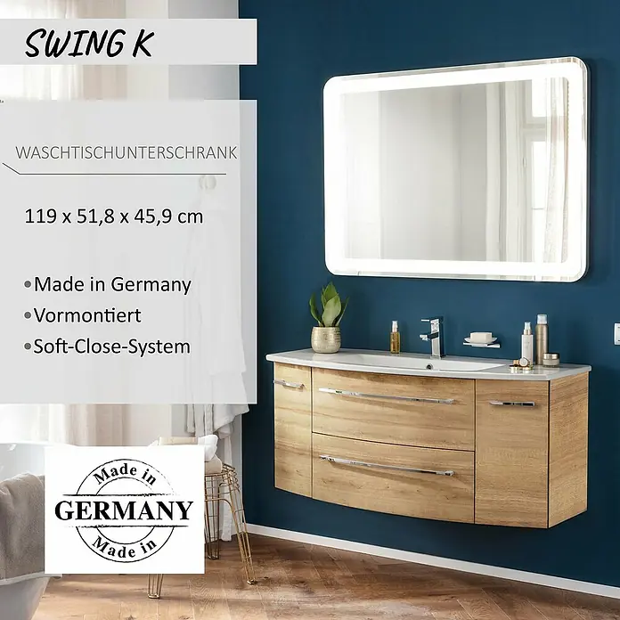 Camargue Swing K Waschtischunterschrank - B x T x H: 119 x 45,9 x 51,8 cm, Berg Eiche, Farbe Griff: Chrom - Moderner Waschtischunterschrank in Eichenoptik mit weißem Keramikwaschbecken, wandmontiert, und beleuchtetem Spiegel.