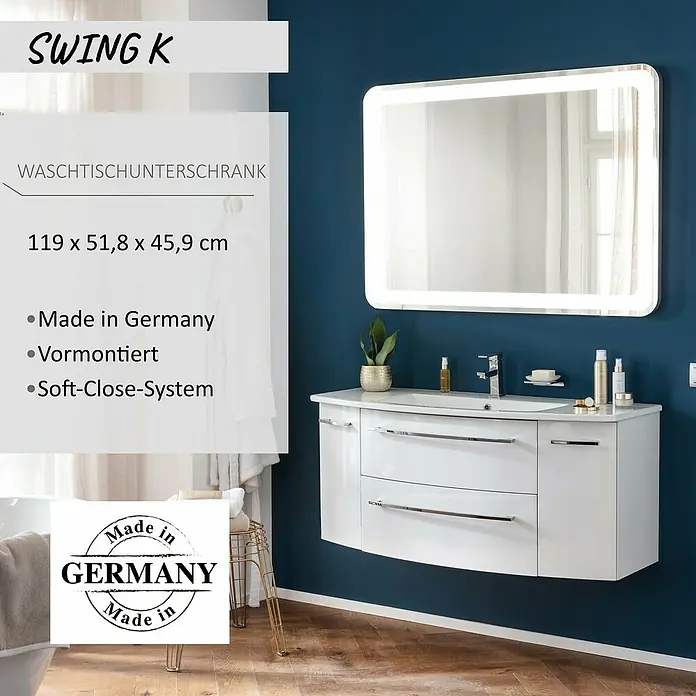 Camargue Swing K Waschtischunterschrank - B x T x H: 119 x 45,9 x 51,8 cm, Weiß, Farbe Griff: Chrom - Weißer Badunterschrank mit integriertem Waschbecken und beleuchtetem Spiegel darüber.