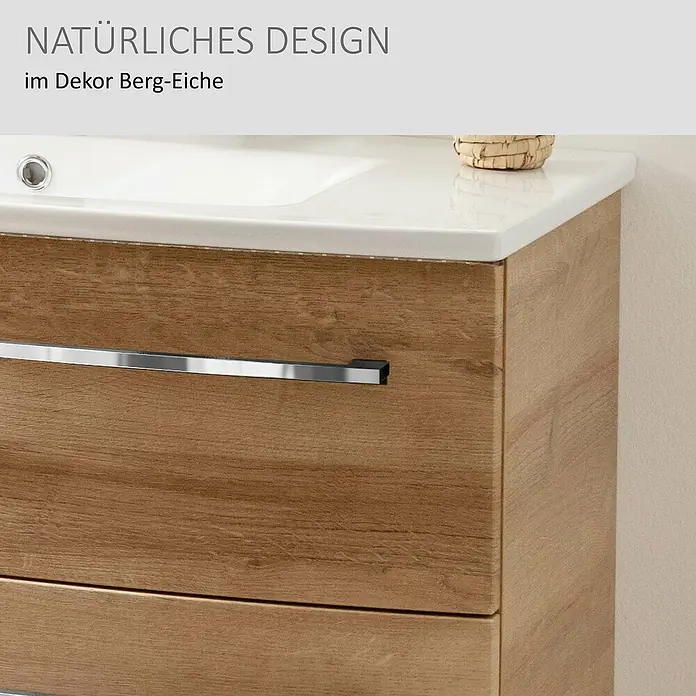 Camargue Swing K Waschtischunterschrank - B x T x H: 89,2 x 46,2 x 51,8 cm, Berg Eiche, Farbe Griff: Chrom - Waschtischunterschrank in Berg-Eiche-Dekor mit weißem Waschbecken und Chromgriff.