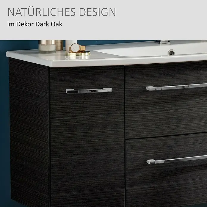 Camargue Swing K Waschtischunterschrank - B x T x H: 119 x 45,9 x 51,8 cm, Dark Oak, Farbe Griff: Chrom - Waschtischunterschrank in Dunkel-Eiche-Dekor mit weißem Waschbecken und Chromgriffen.