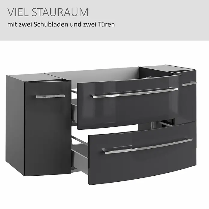 Camargue Swing K Waschtischunterschrank - B x T x H: 119 x 45,9 x 51,8 cm, Grafit, Farbe Griff: Chrom - Dunkelgrauer, glänzender Waschtischunterschrank mit zwei offenen Schubladen und zwei Türen, mit Chromgriffen.
