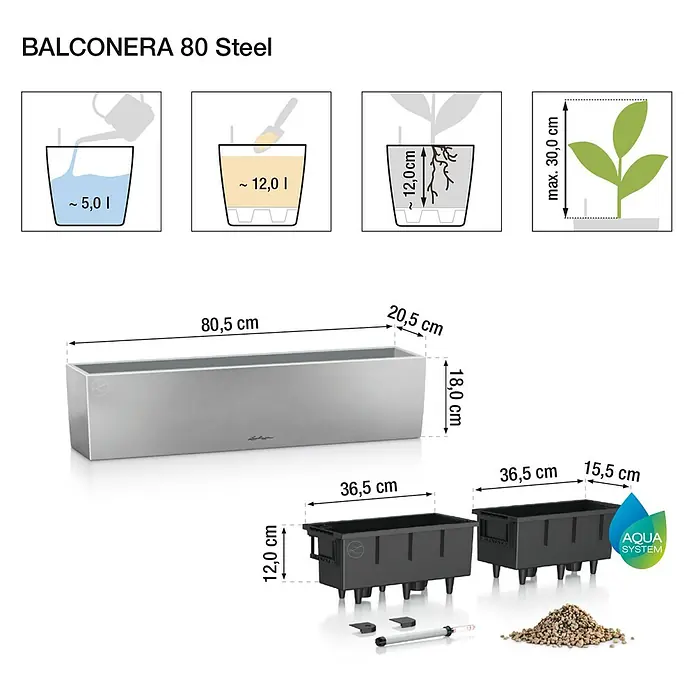 Lechuza Balkonkasten Balconera Steel - Max. Außenlänge: 80 cm, Perlgrau, Edelstahl - BALCONERA 80 Steel Pflanzgefäß mit Maßen und internen AQUA SYSTEM Komponenten.