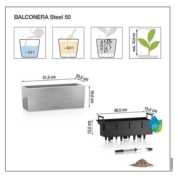 Lechuza Balkonkasten Balconera Steel (Max. Außenlänge: 50 cm, Perlgrau, Edelstahl) | BAUHAUS