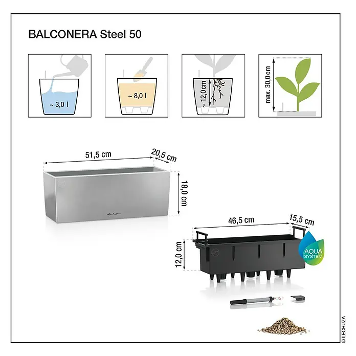 Lechuza Balkonkasten Balconera Steel - Max. Außenlänge: 50 cm, Perlgrau, Edelstahl - BALCONERA Steel 50, silberner Pflanzkasten mit Selbstbewässerungssystem: 51.5x20.5x18 cm, 3L Wasser, 8L Erde, max. Pflanzenhöhe 30 cm.