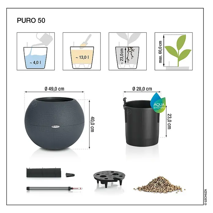 Lechuza Pflanztopf Puro Color 50 - Außenmaß (Ø x H): 49 x 41 cm, Kunststoff, Weiß, Matt - Dunkelgrauer Lechuza Puro 50 Pflanztopf mit Selbstbewässerung, Ø 49cm, H 40cm, 4L Wasserspeicher, 13L Erdvolumen für Pflanzen bis 60cm.
