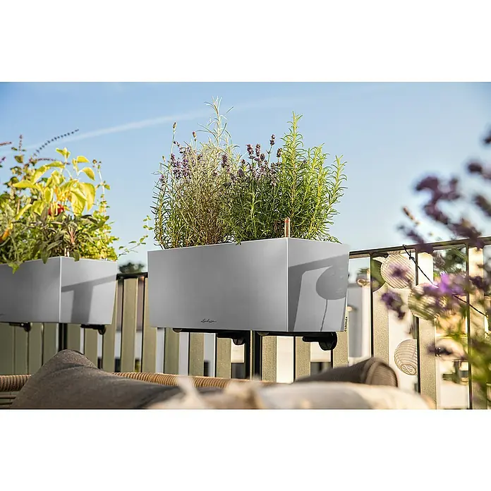 Lechuza Balkonkasten Balconera Steel - Max. Außenlänge: 50 cm, Perlgrau, Edelstahl - Graue rechteckige Balkonkästen mit Lavendel und Rosmarin an einem Geländer.