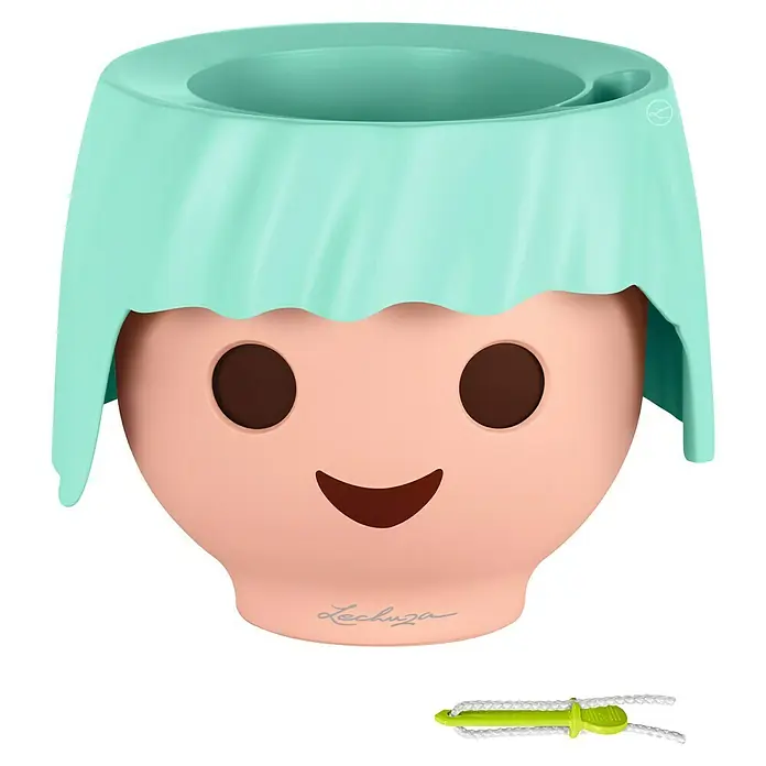 Lechuza Pflanztopf Ojo - Außenmaß (Ø x H): 21 x 15,8 cm, Kunststoff, Mint - Lechuza Mini-Deltini Pflanztopf: pfirsichfarbener Playmobil-Kopf mit hellgrünem "Haar" und lächelndem Gesicht. Inklusive Wasserstandsanzeiger.
