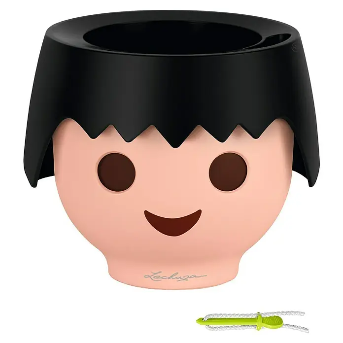 Lechuza Pflanztopf Ojo - Außenmaß (Ø x H): 21 x 15,8 cm, Kunststoff, Schwarz - Pflanzgefäß im Playmobil-Stil in Schwarz und Pfirsich mit lächelndem Gesicht und Lechuza-Logo. Inklusive grüner Wasserstandsanzeige.