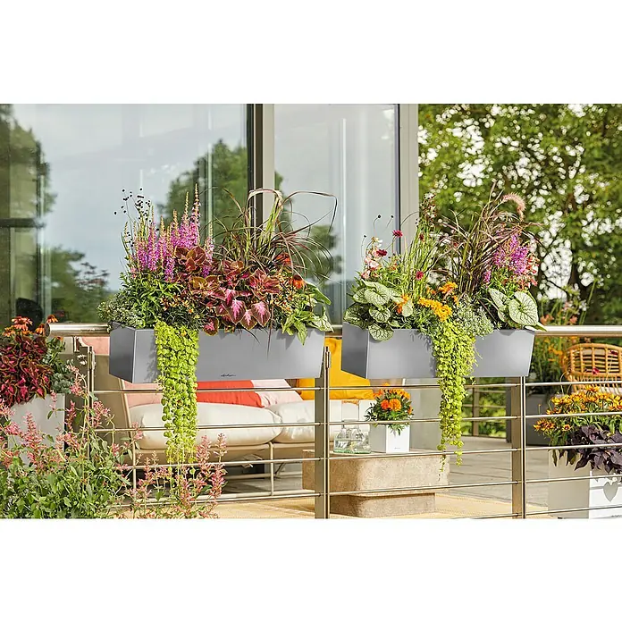 Lechuza Balkonkasten Balconera Steel - Max. Außenlänge: 80 cm, Perlgrau, Edelstahl - Zwei graue Balkonkästen mit bunten Pflanzen sind an einem Metallgeländer befestigt und verschönern eine moderne Balkonkulisse.