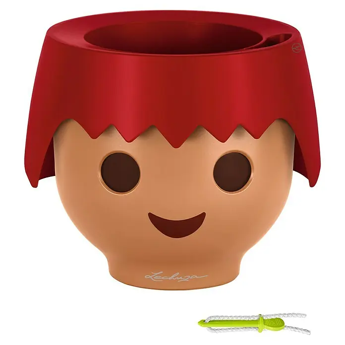 Lechuza Pflanztopf Ojo - Außenmaß (Ø x H): 21 x 15,8 cm, Kunststoff, Rot - Roter und beiger Lechuza Pflanztopf im Playmobil-Kopf-Design, mit grünem Bewässerungsdocht.