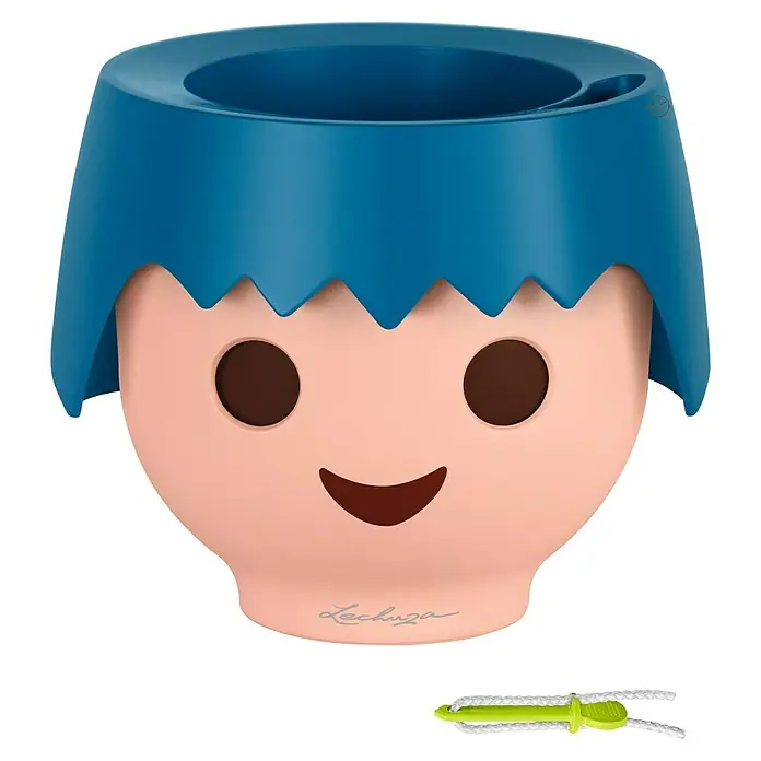 Lechuza Pflanztopf Ojo - Außenmaß (Ø x H): 21 x 15,8 cm, Kunststoff, Blau - Blauer und pfirsichfarbener Pflanztopf in Charakterform mit Smiley-Gesicht und Bewässerungsdocht.