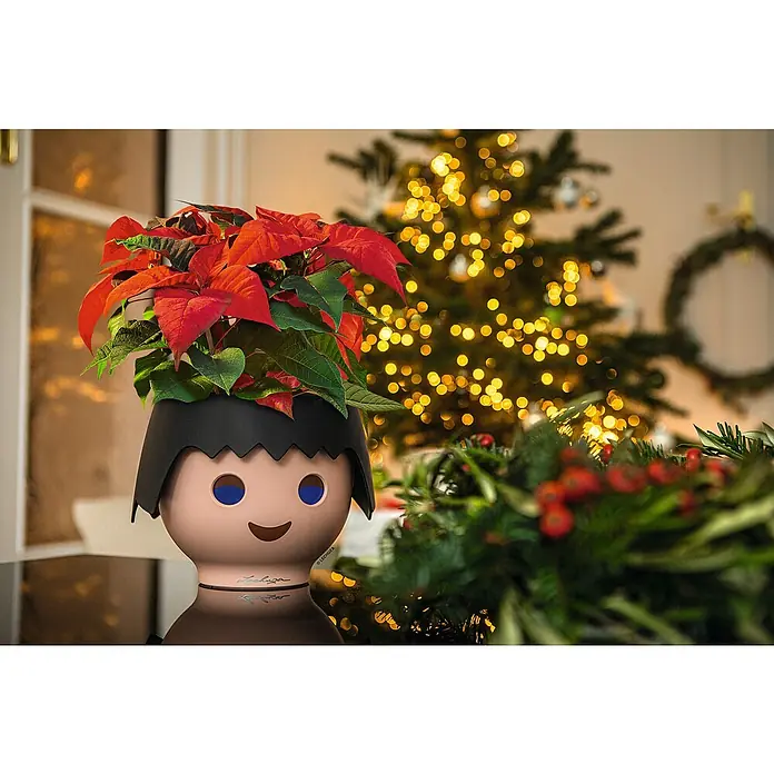 Lechuza Pflanztopf Ojo - Außenmaß (Ø x H): 21 x 15,8 cm, Kunststoff, Schwarz - Lechuza PLAYMOBIL Pflanzgefäß mit einem leuchtenden Weihnachtsstern, vor unscharfem Weihnachtsbaum mit Lichtern.