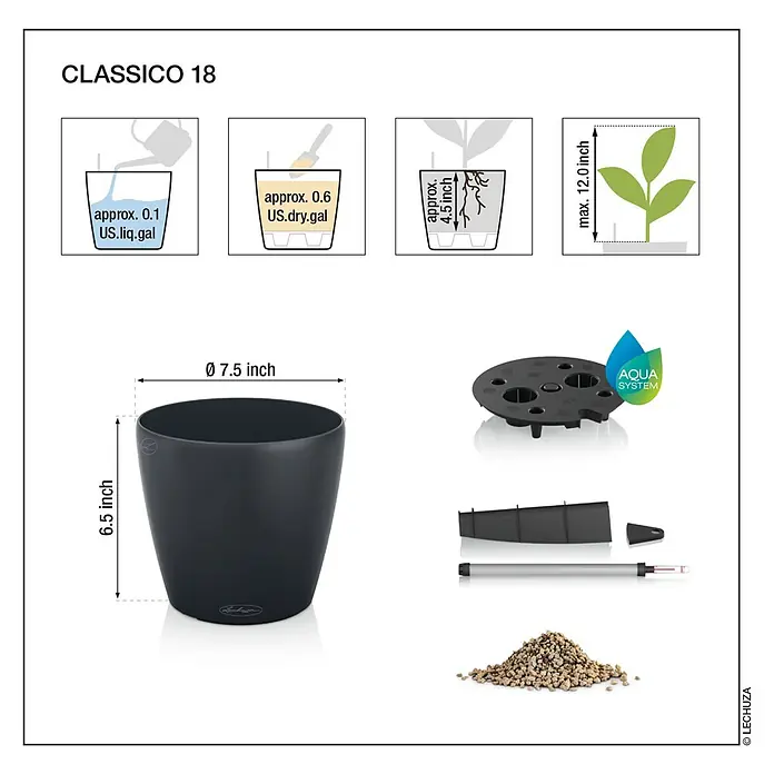 Lechuza Classico Pflanztopf Color - Außenmaß (Ø x H): 19 x 17 cm, Kunststoff, Muskat - Dunkelgrauer CLASSICO 18 selbstbewässernder Pflanztopf, Ø 7.5 Zoll, 6.5 Zoll hoch, mit Bewässerungssystemkomponenten und Maßen.