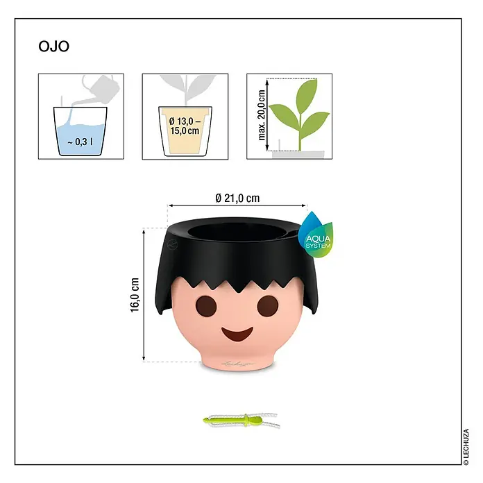 Lechuza Pflanztopf Ojo - Außenmaß (Ø x H): 21 x 15,8 cm, Kunststoff, Schwarz - Lechuza OJO Playmobil-Kopf-Pflanzgefäß in Pfirsich und Schwarz. H. 16 cm, Ø 21 cm, mit Aqua System. Passend für Töpfe 13-15 cm, max. Pflanzenhöhe 20 cm.