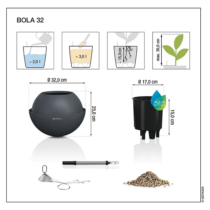 Lechuza Color Blumenampel Bola - Ø x H: 32 x 25 cm, Kunststoff, Sandbraun - Dunkelgrauer Lechuza BOLA 32 Selbstbewässerungs-Pflanztopf mit Einsatz, Wasserstandsanzeiger, Substrat und Maßen. Kapazität: 2,0L Wasser, 3,0L Substrat.
