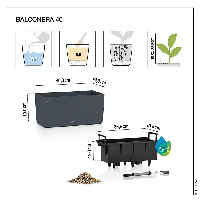 Lechuza Color Balkonkasten Balconera - Max. Außenlänge: 40 cm, Kunststoff, Muskat - Dunkelgrauer Lechuza Balconera 40 Blumenkasten mit Bewässerungssystem, Inneneinsatz und Substrat. Zeigt Maße und Kapazitäten.