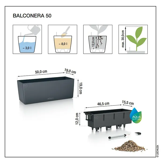 Lechuza Color Balkonkasten Balconera - Max. Außenlänge: 50 cm, Kunststoff, Korallrot - Dunkelgrauer BALCONERA 50 Balkonkasten mit Bewässerungssystem, Maßen (50cm Länge), Wasser-/Erdevolumen und max. Pflanzenhöhe angezeigt.