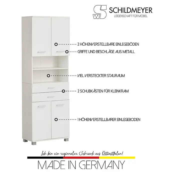 Schildmeyer Palermo Hochschrank - B x T x H: 60 x 32,6 x 181 cm, Weiß, Matt - Weißer Mehrzweckschrank mit Türen, offenen Fächern und zwei Schubladen für variablen Stauraum.