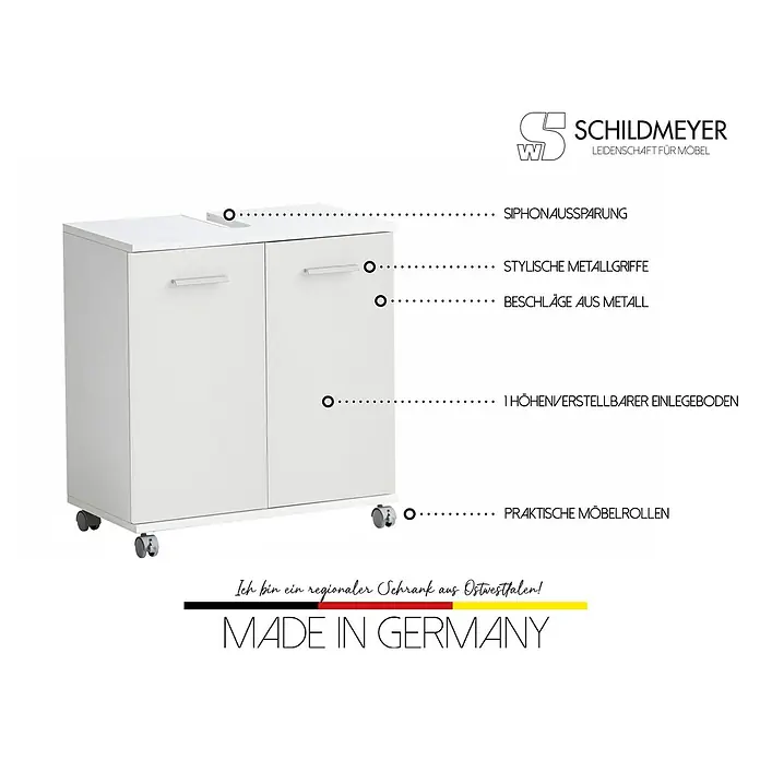 Schildmeyer Palermo Waschtischunterschrank - B x T x H: 60 x 32,6 x 63,4 cm, Weiß, Matt - Weißer Badunterschrank mit zwei Türen, Siphonausschnitt und Rollen.