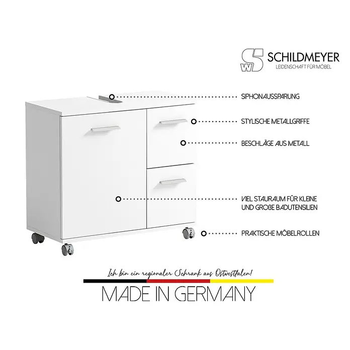 Schildmeyer Palermo Waschtischunterschrank - B x T x H: 65 x 32 x 60 cm, Weiß, Matt - Weißer Badunterschrank auf Rollen mit Siphonausschnitt, Metallgriffen und viel Stauraum.