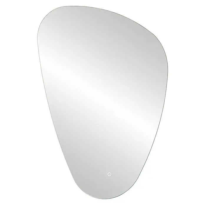 Schildmeyer LED-Lichtspiegel - Sensor - Organisch geformter, hellgrauer Spiegel mit beleuchtetem Touch-Knopf für integrierte LED-Beleuchtung.