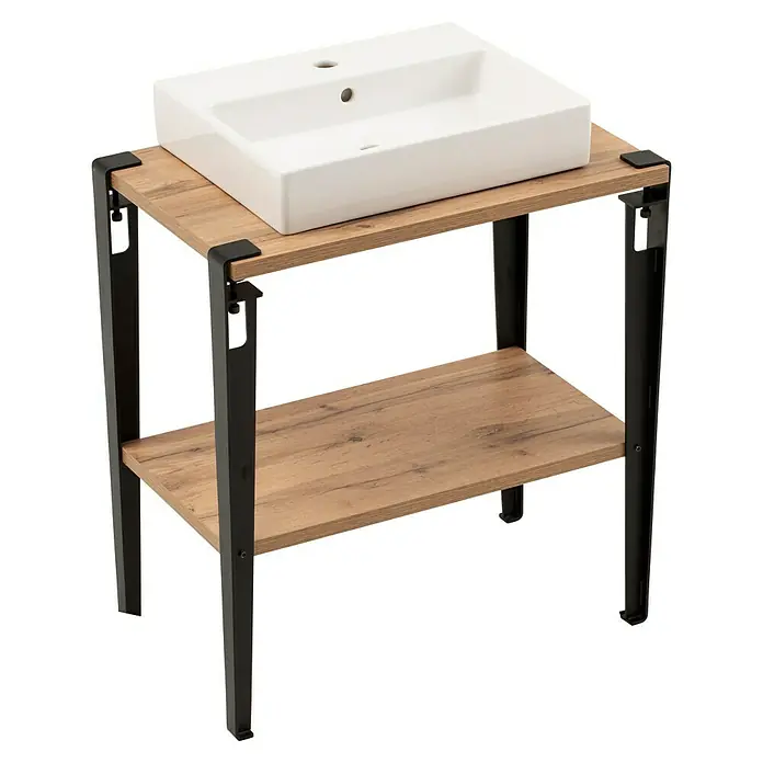 Schildmeyer Tonder Badmöbel-Set - Gesamtbreite Badmöbel: 71 cm, Eiche Landhaus/Schwarz, Matt - Weißes Keramikwaschbecken auf einem zweistufigen hellen Holzwaschtisch mit schwarzem Metallgestell.