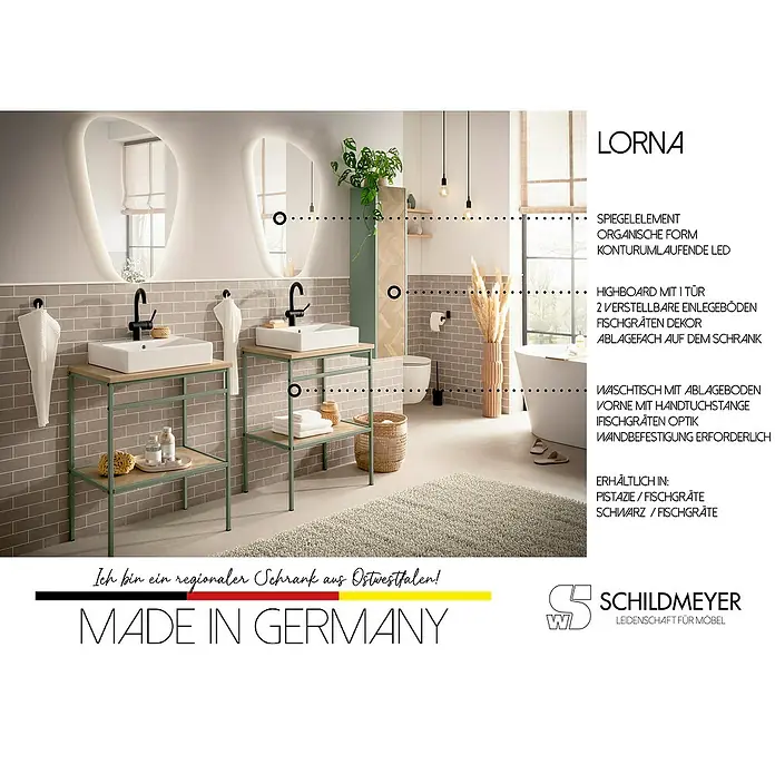 Schildmeyer Lorna Hängeschrank - B x T x H: 30 x 23,4 x 106 cm, Eiche/Pistazie, Matt - Badezimmermöbel-Set Lorna mit Waschtischen, Hochschrank und organischen Spiegeln, in Pistazie und Holz mit Fischgrätdekor.