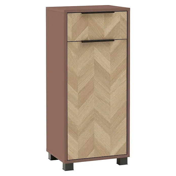 Schildmeyer Piazza Midischrank - B x T x H: 40 x 33 x 91 cm, Eiche/Mauve, Matt - Hoher brauner Schrank mit hellen Holzfronten im Fischgrätmuster und schwarzen Griffen.