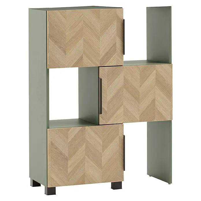 Schildmeyer Piazza Schieberegal - L x B x H: 34,7 x 46,9 x 101,6 cm, Eiche Hell/Pistazie - Modernes graugrünes Regal mit hellen Holzfronten im Fischgrätmuster und schwarzen Beinen.