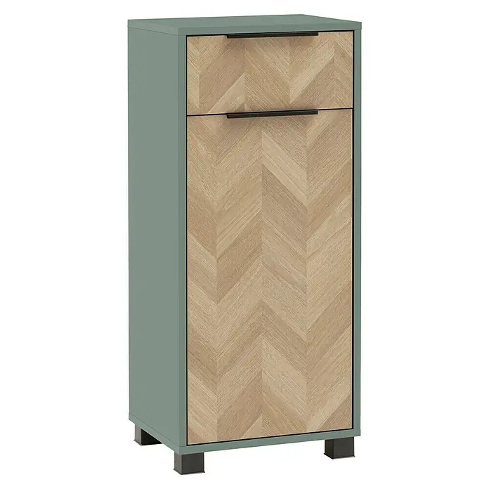 Schildmeyer Piazza Midischrank - B x T x H: 40 x 33 x 91 cm, Eiche/Pistazie, Matt - Kleiner grün-grauer Schrank mit hellen Holzfronten im Fischgrätmuster, schwarzen Griffen und Füßen.