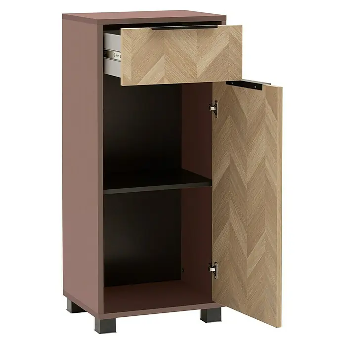 Schildmeyer Piazza Midischrank - B x T x H: 40 x 33 x 91 cm, Eiche/Mauve, Matt - Schmaler brauner Schrank mit heller Holz-Fischgrätoptik, offener Schublade und offener Tür, die einen Einlegeboden zeigt. Schwarze Griffe und Füße.