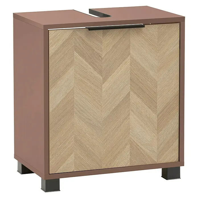 Schildmeyer Piazza Waschtischunterschrank - B x T x H: 50 x 33 x 56 cm, Eiche/Mauve, Matt - Taupefarbener Schrank mit heller Holztür im Fischgrätmuster, schwarzem Griff und schwarzen Füßen. Mit einer oberen Aussparung.