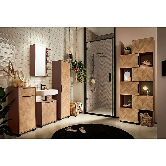 Schildmeyer Piazza LED-Spiegelschrank - B x H: 50 x 75 cm, Mauve - Badezimmermöbel mit malvenfarbenen Rahmen und Fischgrät-Holzfronten, inklusive Waschtisch, Hochschrank und Regal.