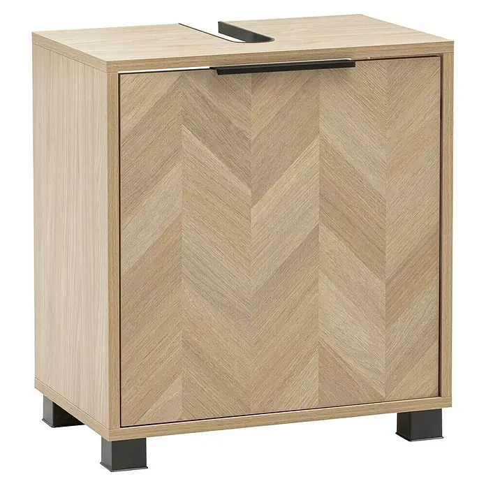 Schildmeyer Piazza Waschtischunterschrank - B x T x H: 50 x 33 x 56 cm, Eiche Hell, Matt - Heller Holzschrank mit Fischgrätmuster-Tür, schwarzem Griff und schwarzen Füßen. Mit Aussparung oben.