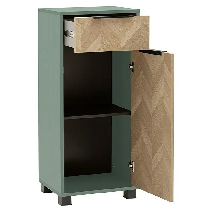 Schildmeyer Piazza Midischrank - B x T x H: 40 x 33 x 91 cm, Eiche/Pistazie, Matt - Hellgrüner Schrank mit Schublade und Tür im Fischgrätmuster aus Holz, beide teilweise geöffnet, zeigen dunkles Innenfach.