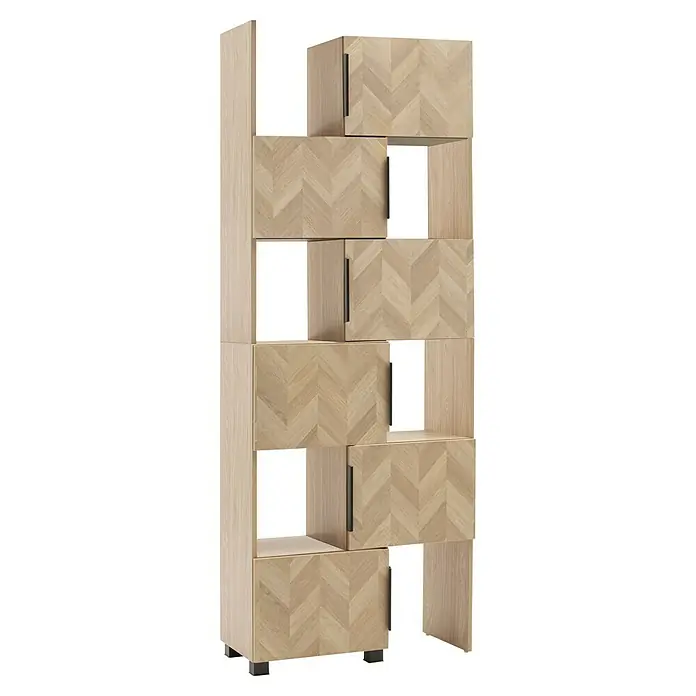 Schildmeyer Piazza Schieberegal - L x B x H: 34,7 x 46,9 x 101,6 cm, Eiche Hell - Helles Holz, modulares Regal mit Fischgrätmuster-Türen, schwarzen Griffen und Füßen.