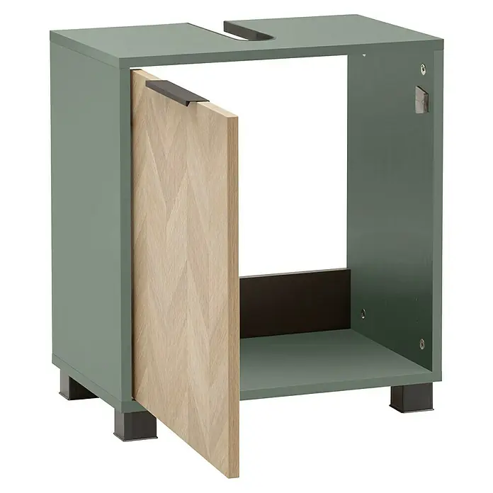Schildmeyer Piazza Waschtischunterschrank - B x T x H: 50 x 33 x 56 cm, Eiche/Pistazie, Matt - Salbeigrüner Küchenunterschrank mit offener heller Holz-Fischgrät-Tür und dunklem Griff, auf dunklen Füßen.