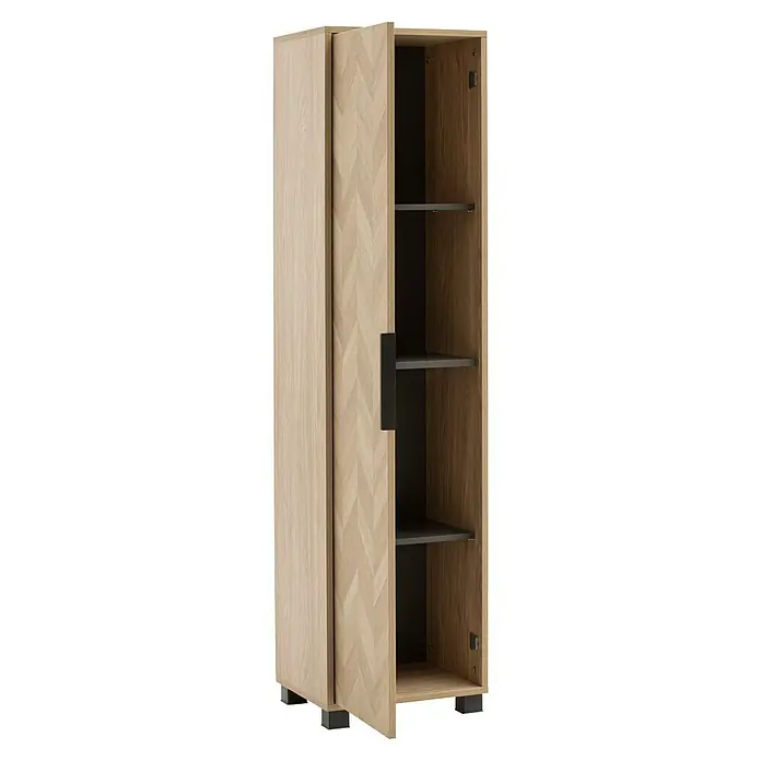 Schildmeyer Piazza Hochschrank - B x T x H: 40 x 33 x 158 cm, Eiche Hell, Matt - Heller Holzschrank mit Fischgrätmuster-Tür, schwarzem Griff und dunklen Regalböden zur Aufbewahrung.