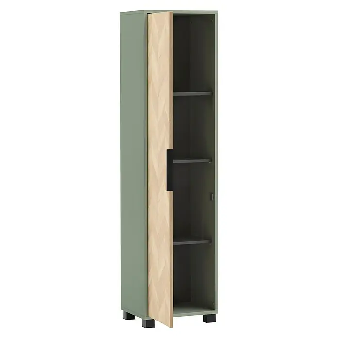 Schildmeyer Piazza Hochschrank - B x T x H: 40 x 33 x 158 cm, Eiche/Pistazie, Matt - Grüner Schrank mit offener Fischgrät-Holztür, schwarzem Griff und dunklen Innenablagen auf schwarzen Füßen.