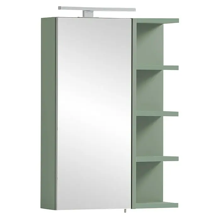 Schildmeyer Piazza LED-Spiegelschrank - B x H: 50 x 75 cm, Pistazie - Grüner Badspiegel-Schrank mit integrierter Beleuchtung und offenen Seitenregalen.