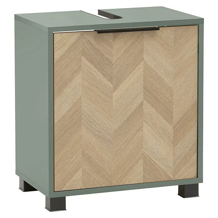 Schildmeyer Piazza Waschtischunterschrank - B x T x H: 50 x 33 x 56 cm, Eiche/Pistazie, Matt - Salbeigrüner Schrank mit Fischgrätmuster-Holztür, dunklem Griff, quadratischen Füßen und einer oberen Aussparung.