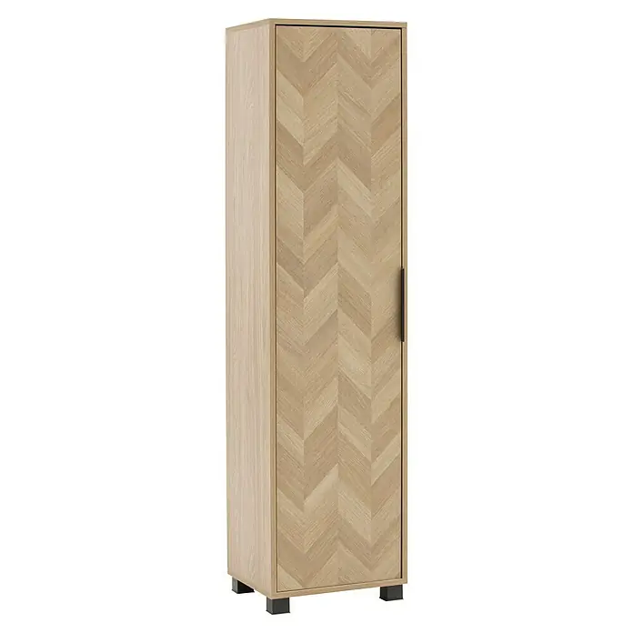 Schildmeyer Piazza Hochschrank - B x T x H: 40 x 33 x 158 cm, Eiche Hell, Matt - Hoher Schrank in Naturholzoptik mit Fischgrätmuster-Tür, dunklem Griff und dunklen Füßen.