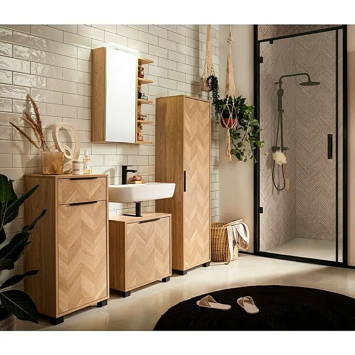 Schildmeyer Piazza Hochschrank - B x T x H: 40 x 33 x 158 cm, Eiche Hell, Matt - Modernes Badmöbelset aus Holz mit Fischgrätmuster, bestehend aus Waschtisch, Hochschrank und Unterschrank.