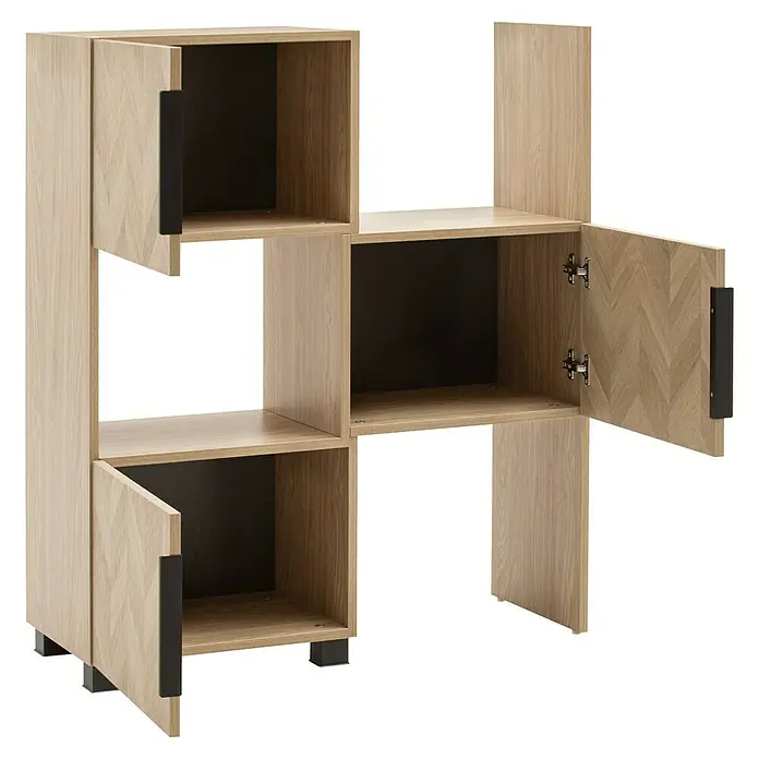 Schildmeyer Piazza Schieberegal - L x B x H: 34,7 x 46,9 x 101,6 cm, Eiche Hell - Modulares Regal aus hellem Holz mit schwarzen Akzenten und Griffen, mit offenen und geschlossenen Fächern mit Flügeltüren.