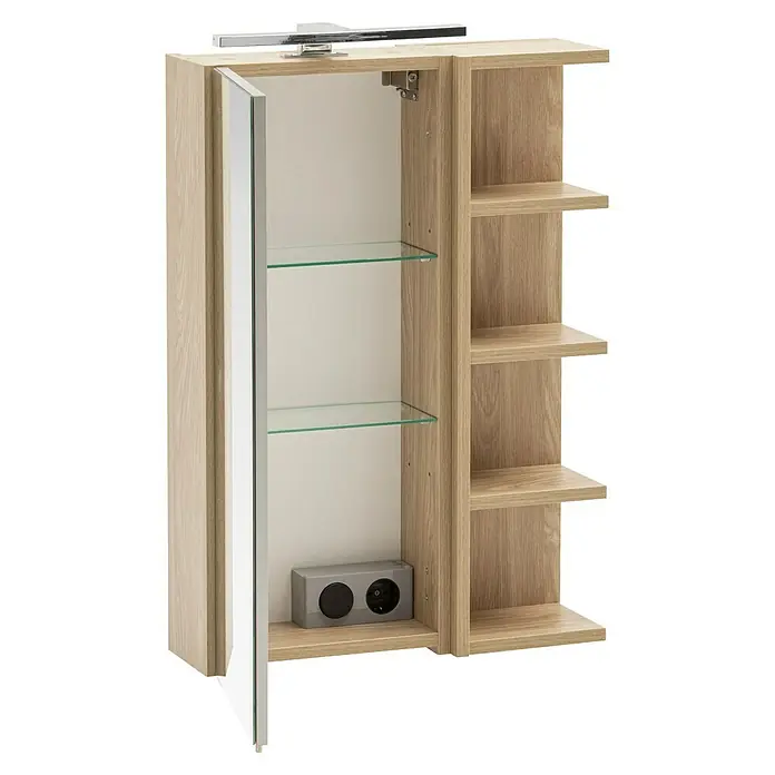 Schildmeyer Piazza LED-Spiegelschrank - B x H: 50 x 75 cm, Eiche Hell - Heller Badschrank in Holzoptik mit Spiegeltür, internen Glasböden, Rasiersteckdose und offenen Seitenregalen mit Oberlicht.